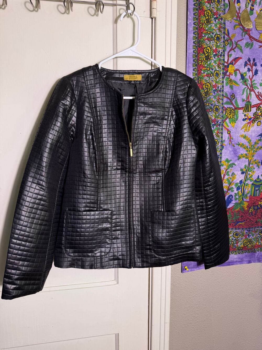 Valerie Stevens Black Faux Leather Grid Jacket Womens S Zip Front Quilted